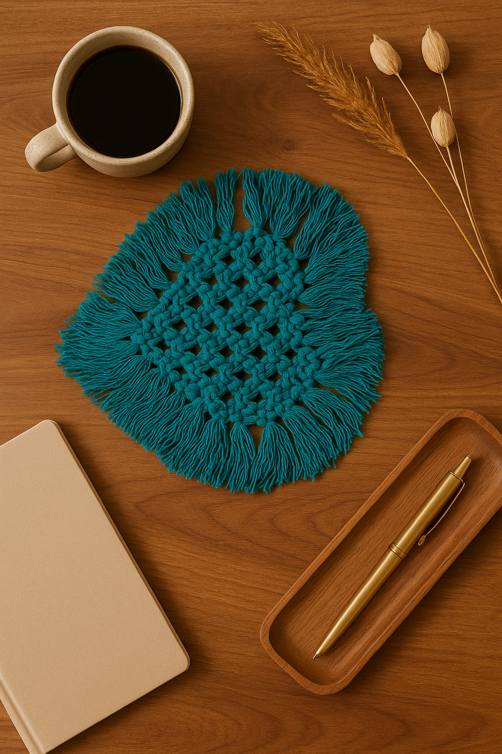 20250821_1115_Decorative Table Accent_remix_01k35jdr2vftdbwzbt9np4jmcc Boho Macramé Coffee Coaster (Teal) - Image 1