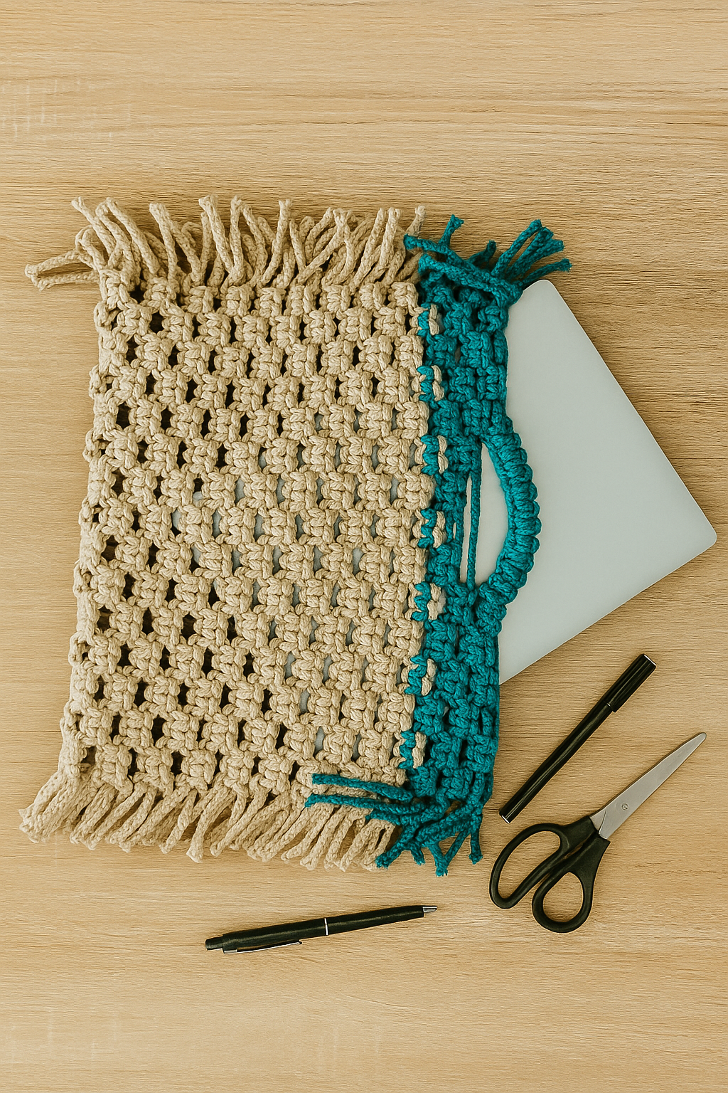 Handmade Macrame Fringe Laptop Bag (1) Macrame Fringe Laptop Bag – Duo-Tone - Image 1