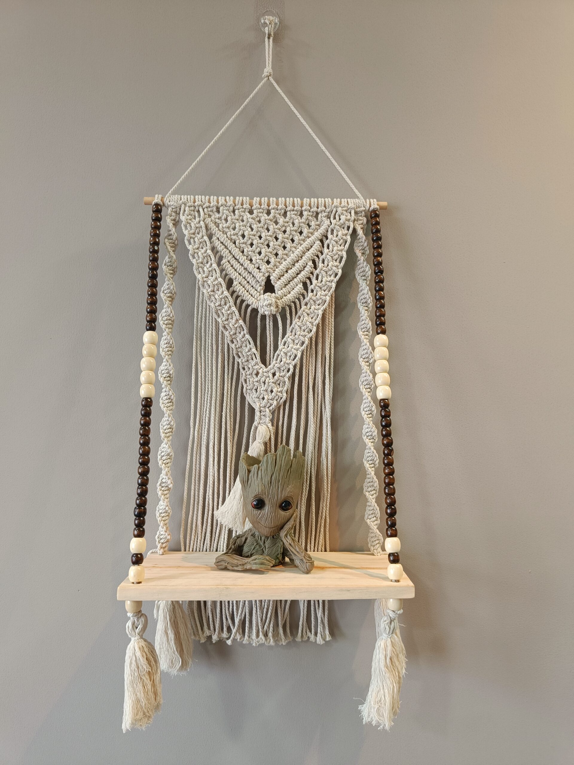 Macramé Wooden Shelf with Bead Detailing Macramé Wooden Shelf with Bead Detailing