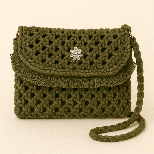 Olive Fringe-Flap Macrame Sling Bag