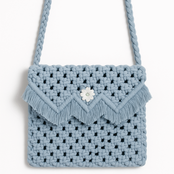 Powder Blue Scallop-Fringe Macrame Sling Bag