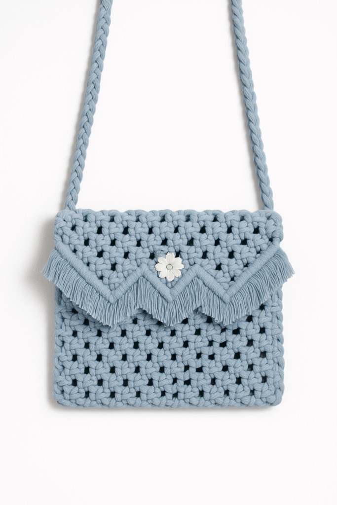 Powder Blue Scallop-Fringe Macrame Sling Bag
