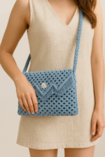 Powder Blue Scallop-Fringe Macrame Sling Bag