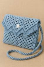 Powder Blue Scallop-Fringe Macrame Sling Bag